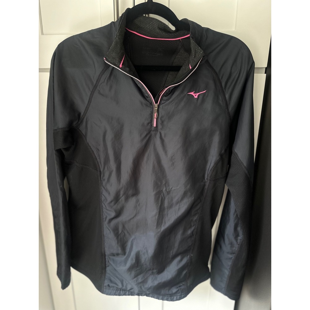 Mizuno Womens Small Running Jacket Black Pink 1/4 Zip Athletic Pullover 0355
